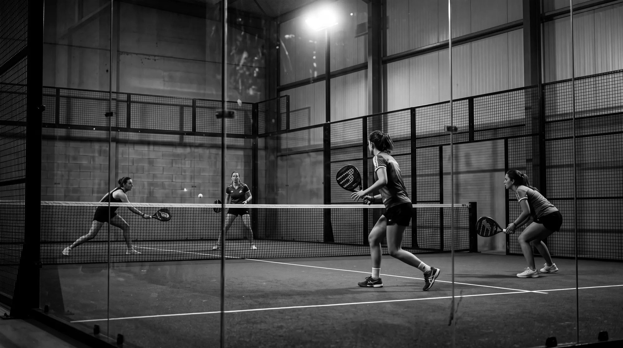 Four players mid-rally on a private indoor padel court, seen through the glass back wall.